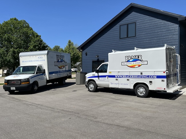 Trucks outside building